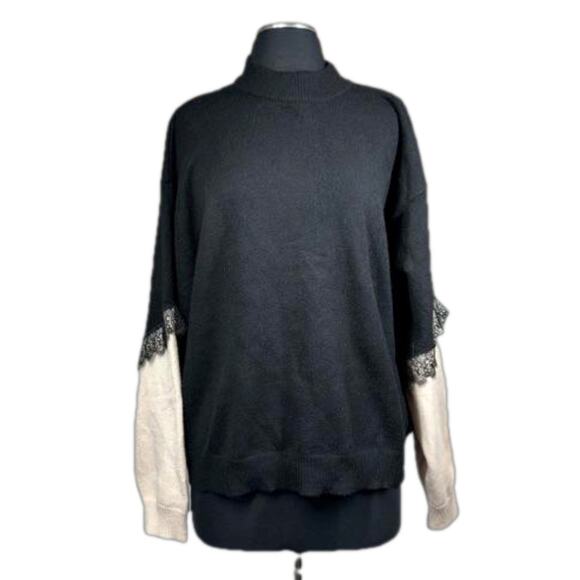 Avantlook Mock Neck Pullover Two-Tone Lace Long Sleeve Sweater Black Tan Size XL - Picture 2 of 14